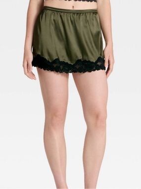 Auden Women’s Olive Satin Lace Trim Lingerie Skirt